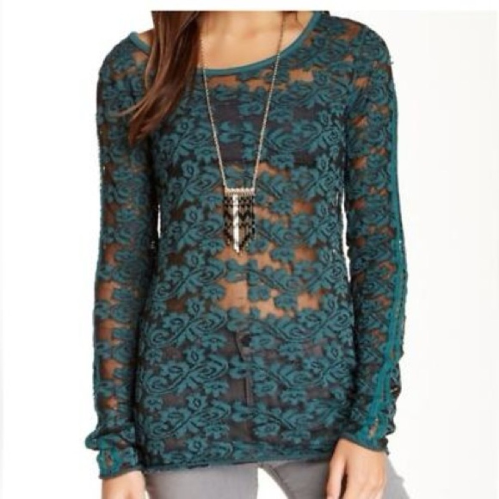 Free People Long Sleeve Teal Floral Sheer Top